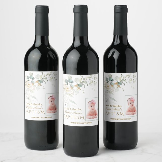  White Floral Airy Greenery Girl Photo Baptism Fav Wine Label (Bottles)