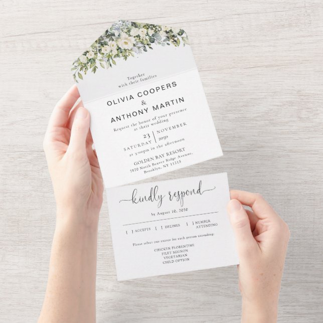 White Floral All in One Wedding Invite (Tearaway)