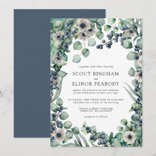 White Floral and Berries Boho Botanical Wedding Invitation