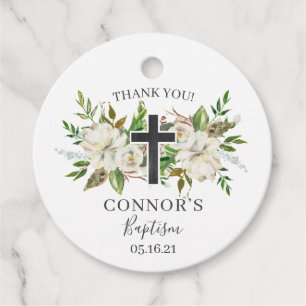 White Floral and Chalkboard Thank You Baptism Favour Tags