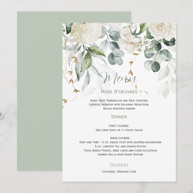White Floral and Eucalyptus Wedding Menu Invitation (Front/Back)