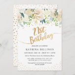 White Floral and Gold 21st Birthday Party Invitation<br><div class="desc">Watercolor florals in shades of white and green with gold accents and confetti 21st birthday party invitation.  Please check out the collection (see link under main image) and contact the designer to request items not shown.</div>