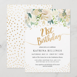 White Floral and Gold 21st Birthday Party Invitation
