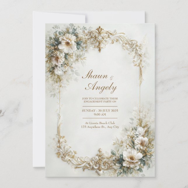 White Floral And Gold Baroque Scroll Wedding Invitation (Front)