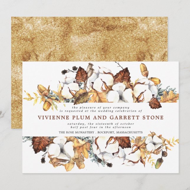 White Floral and Gold Leaves Fall Wedding Invitation (Front/Back)