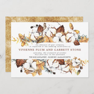 White Floral and Gold Leaves Fall Wedding Invitation