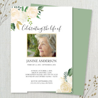 White Floral and gold Life celebration photo Invitation