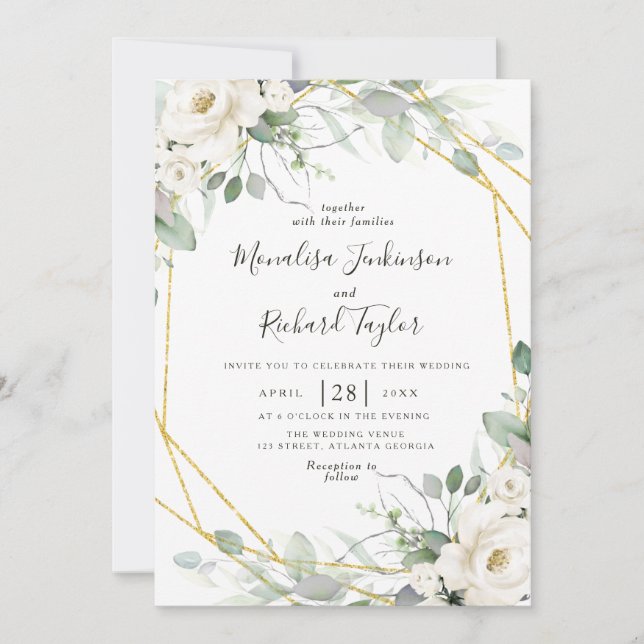 White floral and greenery wedding invitation (Front)