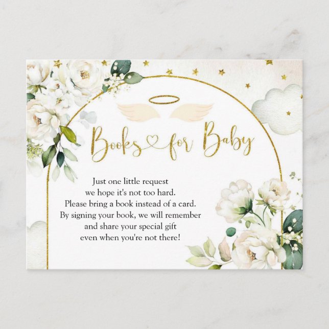 White Floral Angel Baby Heaven Sent Books for Baby Invitation Postcard (Front)