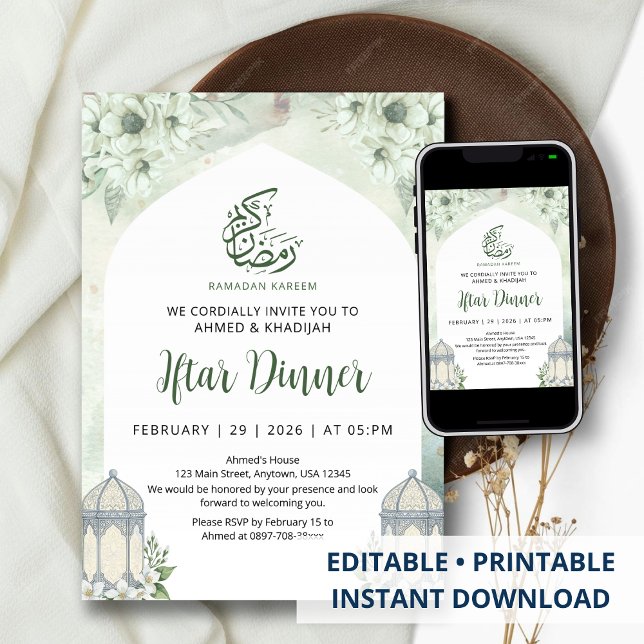 White Floral Arch Ramadan Iftar Dinner Invitation (Creator Uploaded)