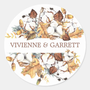 White Floral Autumn Fall Leaves Wedding Classic Round Sticker