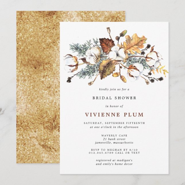 White Floral Autumn Leaves Gold Bridal Shower Invitation (Front/Back)