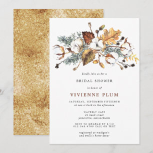 White Floral Autumn Leaves Gold Bridal Shower Invitation