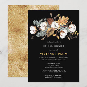White Floral Autumn Leaves Gold Bridal Shower Invitation