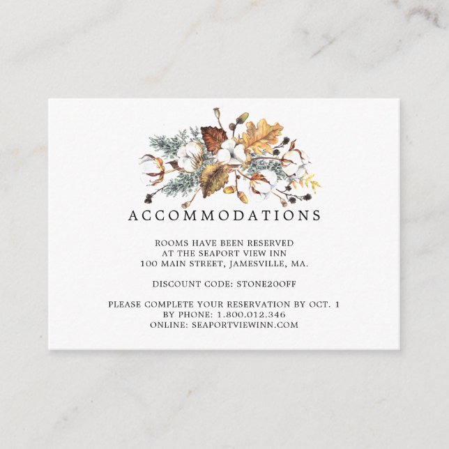White Floral Autumn Leaves Wedding Accommodation Enclosure Card (Front)