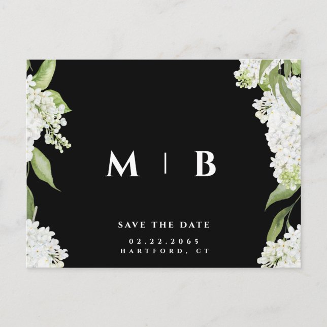 White Floral B/W Monogram Wedding Save the Date  Postcard (Front)