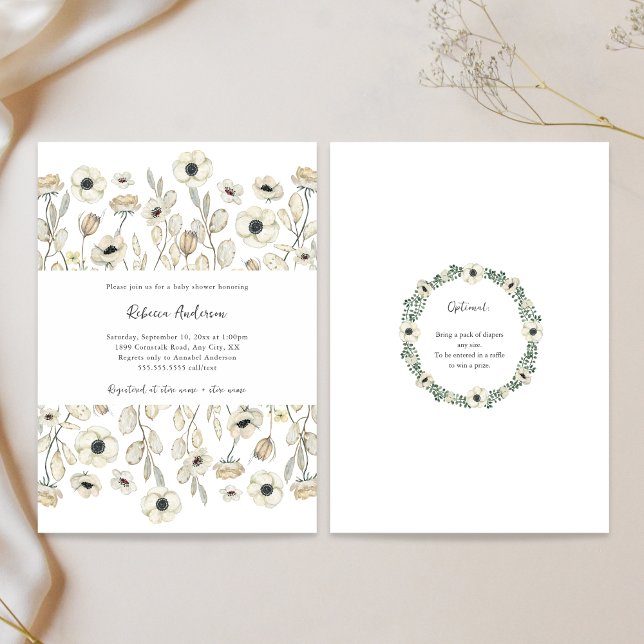White Floral baby shower + diaper raffle Invitation (Creator Uploaded)