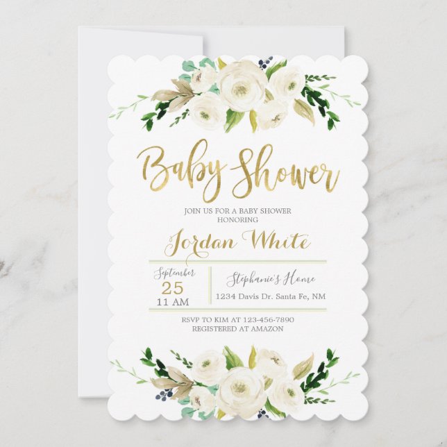 White floral baby shower invitation (Front)
