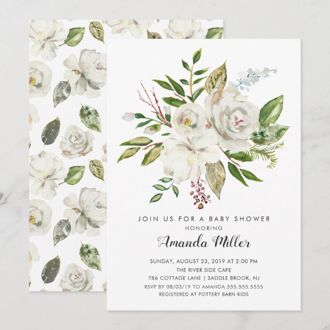 white Floral Baby Shower Invitation (Front/Back)