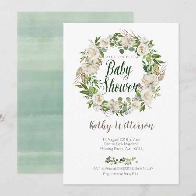 White Floral baby shower invitation card (Front/Back)
