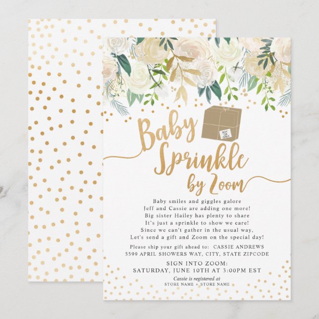 White Floral Baby Sprinkle by ZOOM baby shower Invitation (Front/Back)
