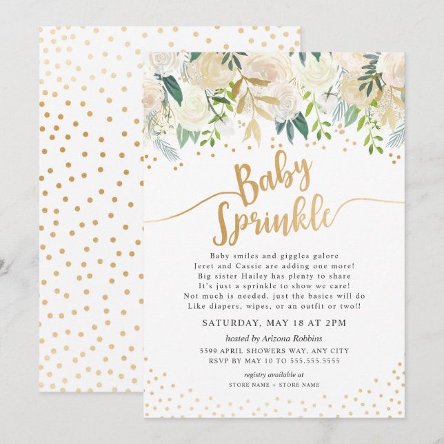 White Floral Baby Sprinkle Invitation (Front/Back)