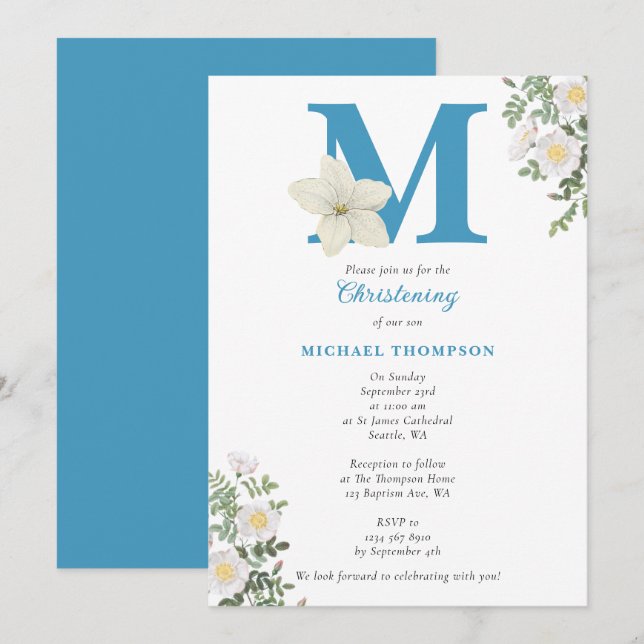 White Floral Baptism Christening Baby Boy Initials Invitation (Front/Back)