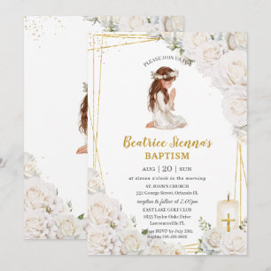 White Floral Baptism Christening Praying Girl Invitation