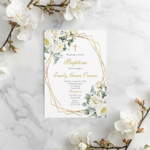 White floral baptism invitation
