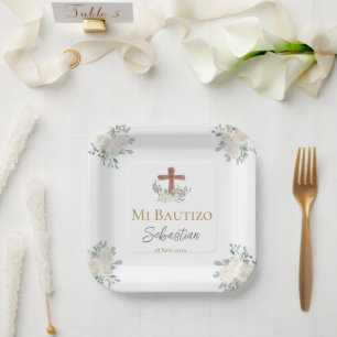 White floral Baptism Paper Plate