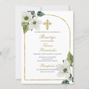White floral Baptism Spanish Invitation