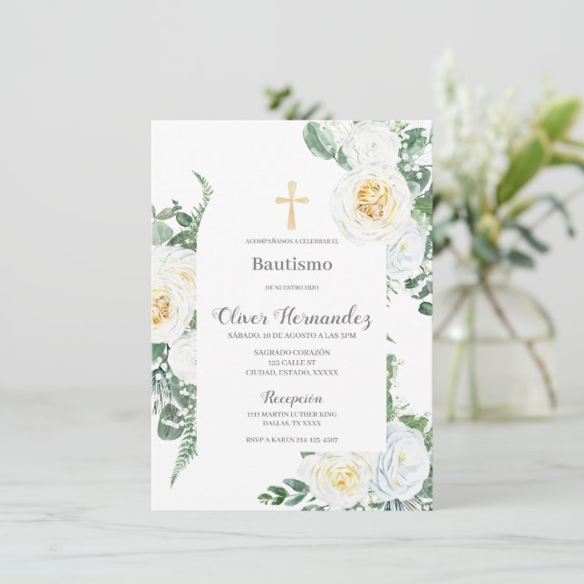 White Floral baptism Spanish Invitation (Standing Front)