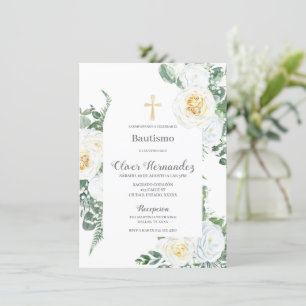 White Floral baptism Spanish Invitation