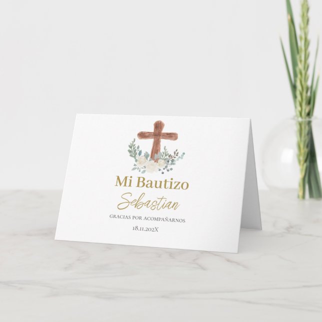 White floral Baptism spanish Thank You Card (Front)
