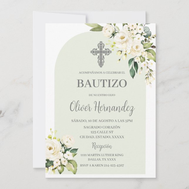 White Floral Bautizo Spanish Invitation (Front)