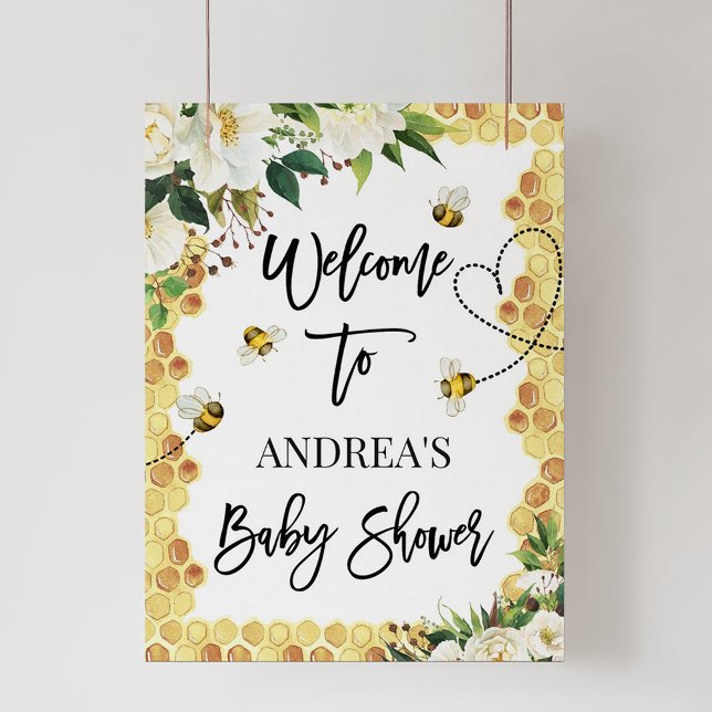 White Floral Bee Baby Shower Welcome Sign (Creator Uploaded)