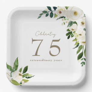White Floral Birthday Paper Plate
