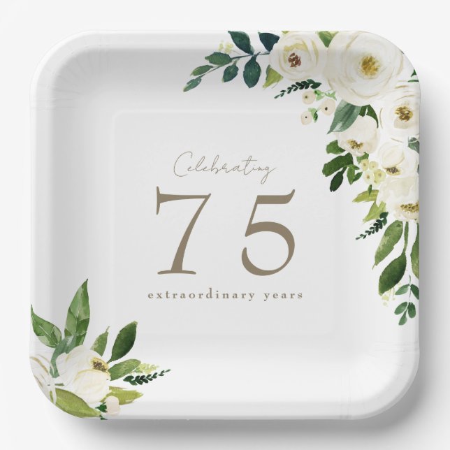 White Floral Birthday Paper Plate (Front)