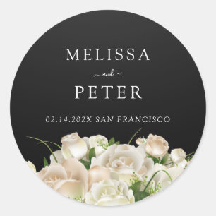 White Floral Black Elegant Minimalist  Wedding Classic Round Sticker