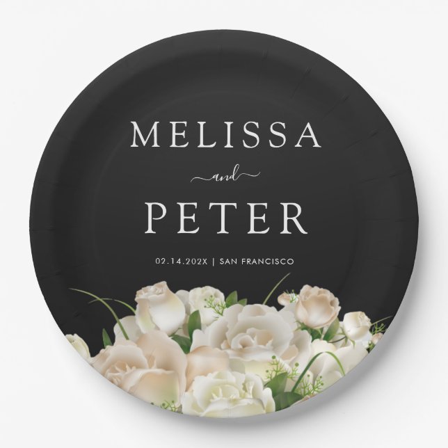 White Floral Black Elegant Minimalist  Wedding Paper Plate (Front)