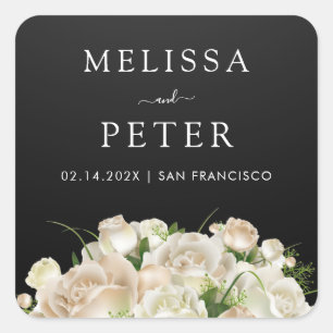 White Floral Black Elegant Minimalist  Wedding Square Sticker