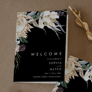 White Floral Black Folded Wedding Program Programme