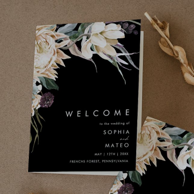 White Floral | Black Folded Wedding Program Programme (Creator Uploaded)