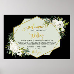 White Floral Black Gold Wedding Names Unplugged Poster