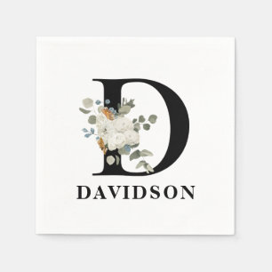 White Floral Black Monogram D Napkin