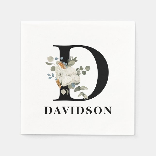 White Floral Black Monogram D Napkin (Front)