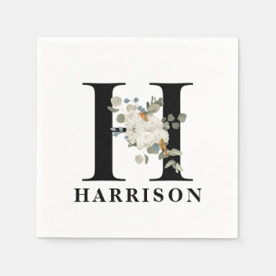 White Floral Black Monogram H Napkin