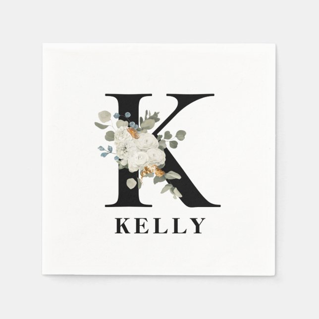 White Floral Black Monogram K Napkin (Front)