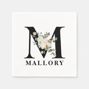 White Floral Black Monogram M Napkin