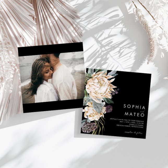White Floral | Black Photo Square Wedding Invitation (Creator Uploaded)